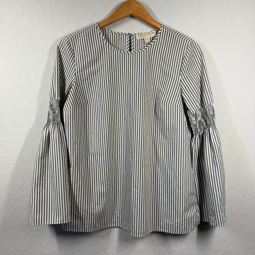 Women's Michael Kors Long Sleeve Olive and White Stripe Blouse Size M‎